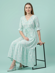 Elegant floral summer cotton dress with drawstring waist
