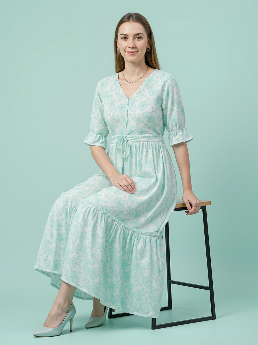 Elegant floral summer cotton dress with drawstring waist
