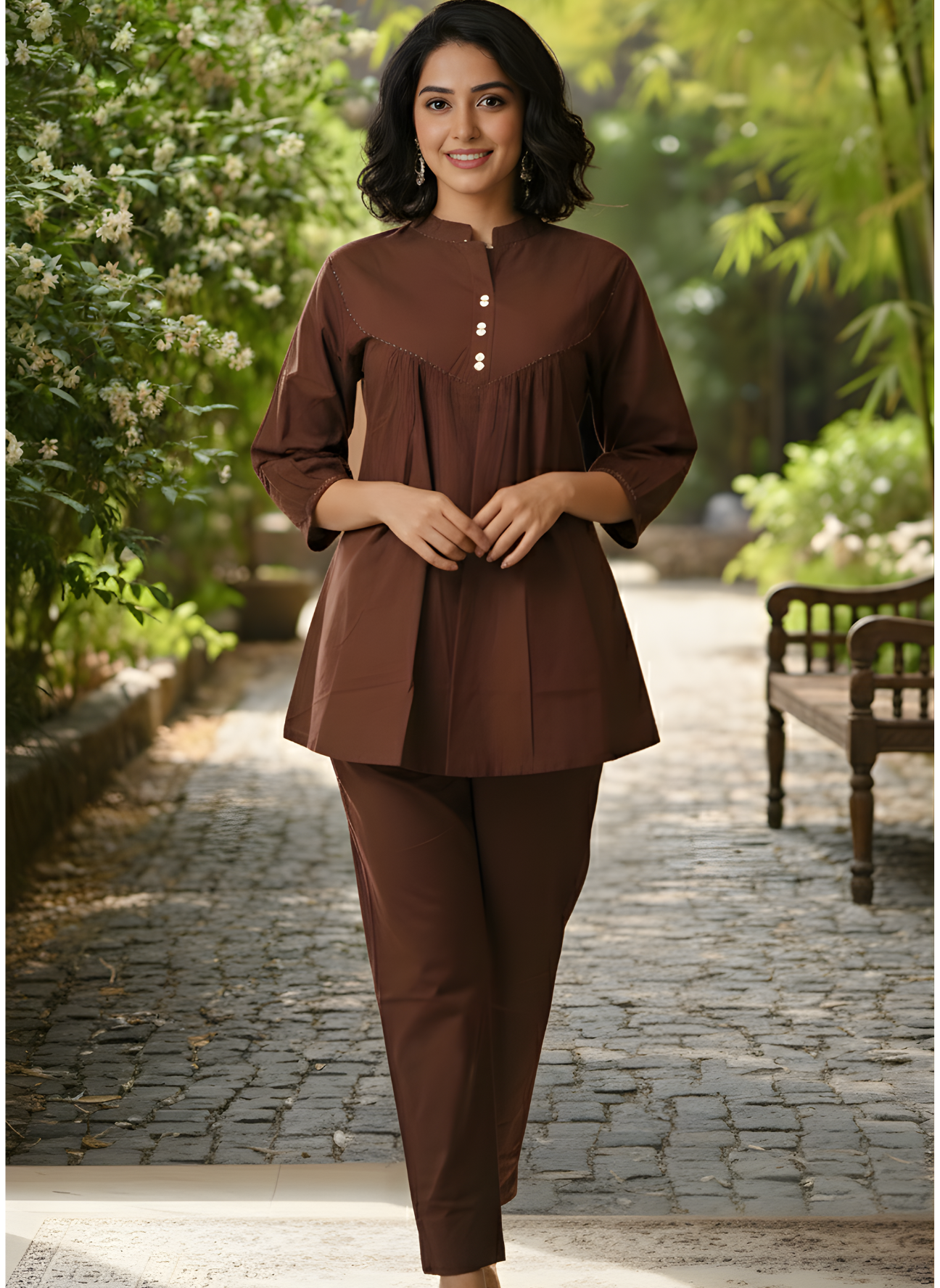 Elegant Brown Cotton Two-Piece Outfit for Women