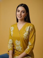 Aaronee Mustard Floral Printed Pure Cotton Women’s Top