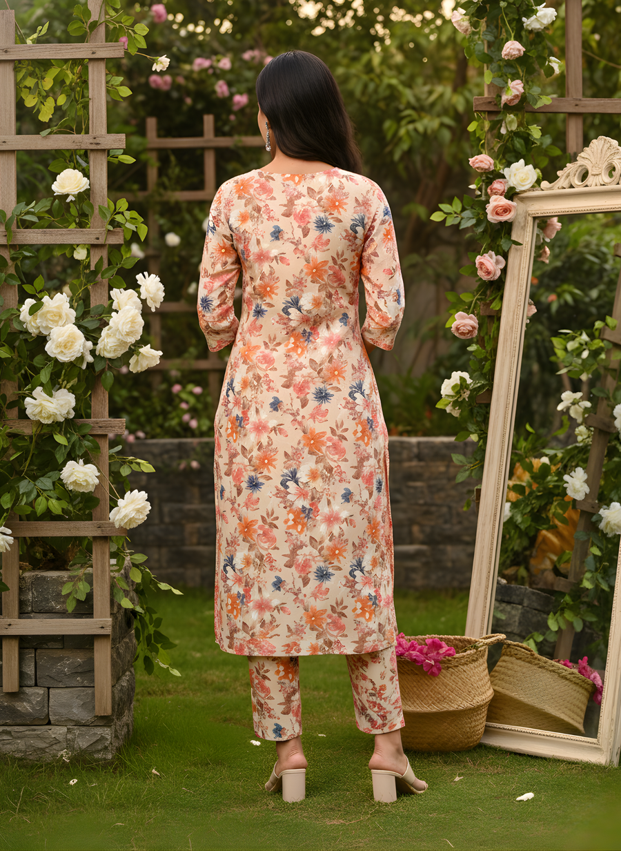 Orange Flower Print Kurta Set for Women