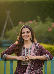 Maroon & Pink Pure Cotton Dupatta Set – Elegant Printed Ethnic Suit for Women by Aaronee