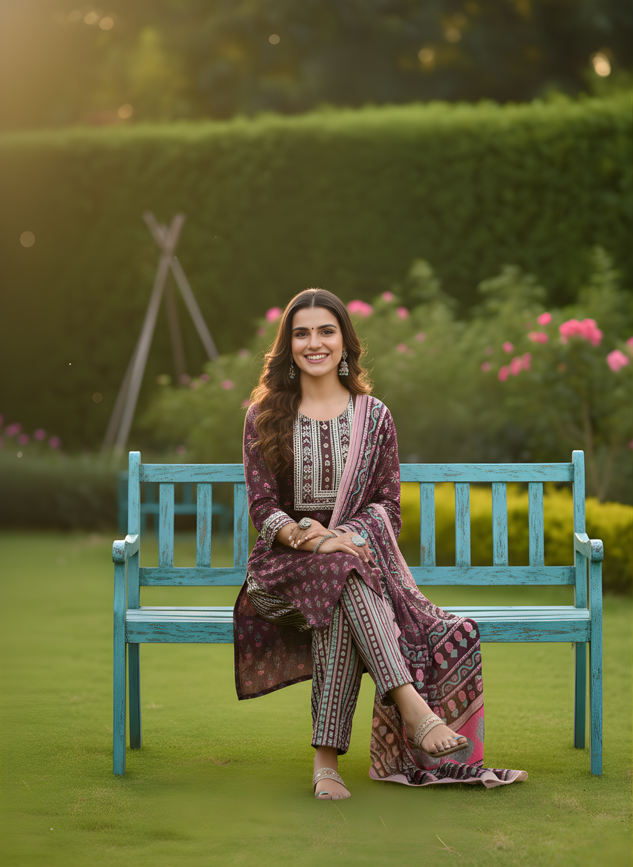 Maroon & Pink Pure Cotton Dupatta Set – Elegant Printed Ethnic Suit for Women by Aaronee