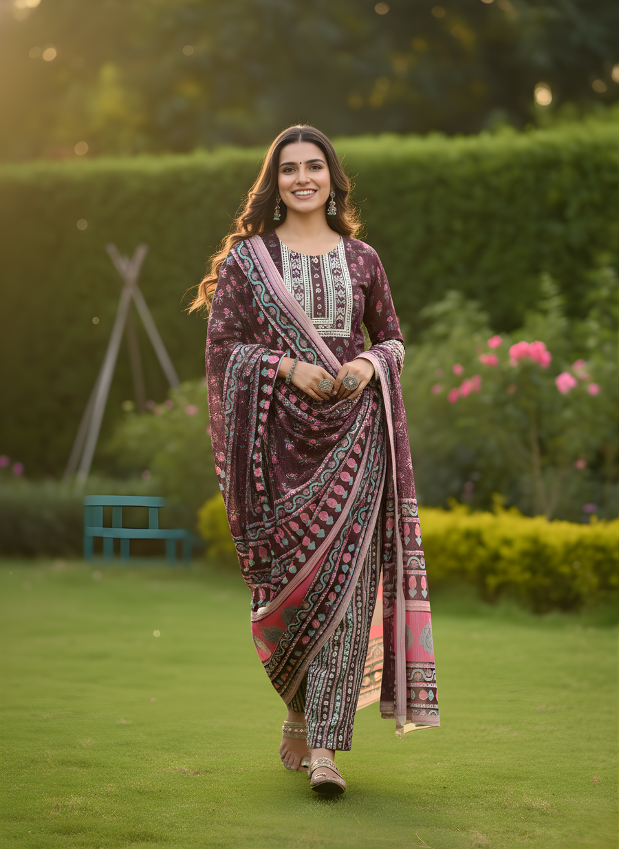 Maroon & Pink Pure Cotton Dupatta Set – Elegant Printed Ethnic Suit for Women by Aaronee