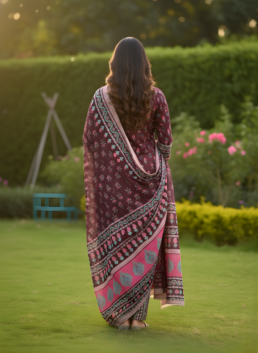 Maroon & Pink Pure Cotton Dupatta Set – Elegant Printed Ethnic Suit for Women by Aaronee