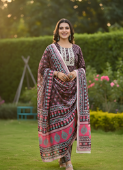 Maroon & Pink Pure Cotton Dupatta Set – Elegant Printed Ethnic Suit for Women by Aaronee