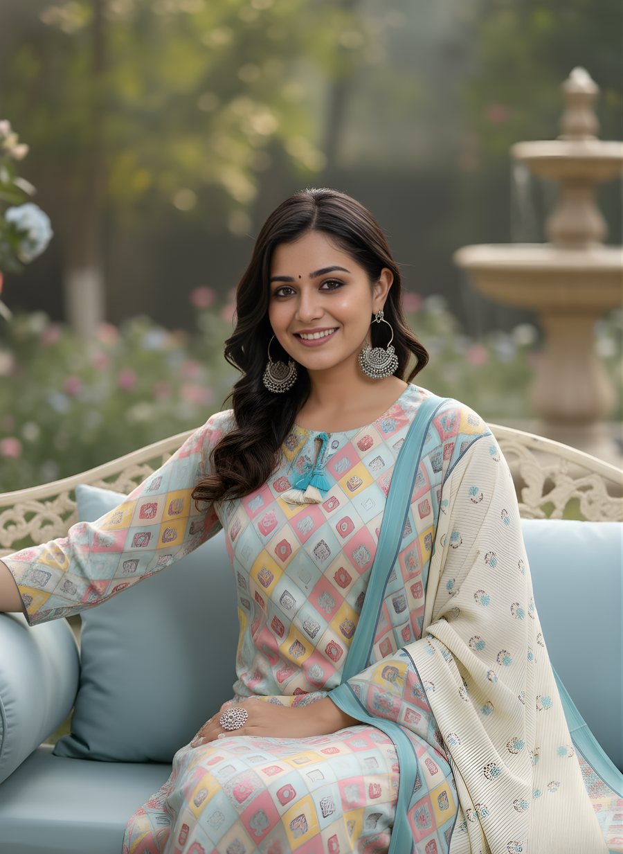 Elegant Multicolor Printed Kurta Set for Women with Dupatta