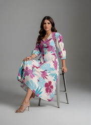 Aaronee Pure Cotton Purple & Aqua Floral Middy Dress for Women