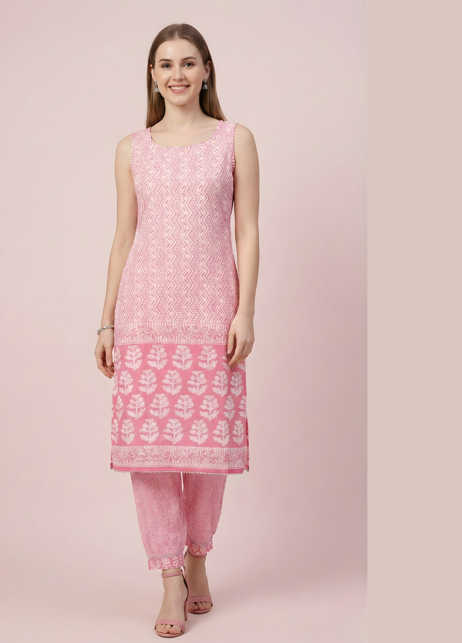 Aaronee Blush Pink Pure Cotton Sleeveless Kurta Pant Set for Women