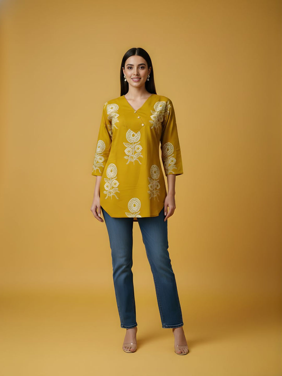 Aaronee Mustard Floral Printed Pure Cotton Women’s Top