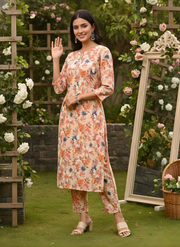 Orange Flower Print Kurta Set for Women