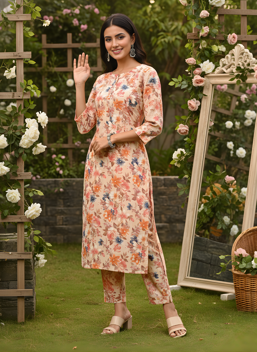 Orange Flower Print Kurta Set for Women