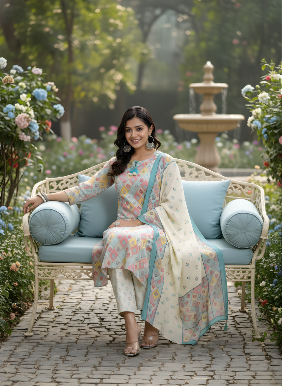 Elegant Multicolor Printed Kurta Set for Women with Dupatta