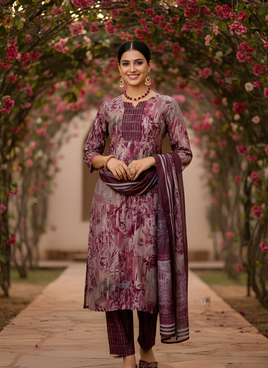 Wine & Mauve Pure Cotton Dupatta Set – Elegant Printed Kurta Set for Women by Aaronee