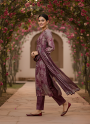 Wine & Mauve Pure Cotton Dupatta Set – Elegant Printed Kurta Set for Women by Aaronee
