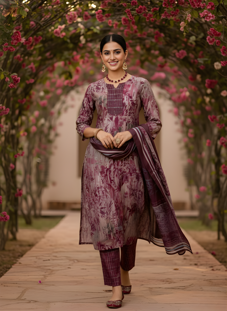 Wine & Mauve Pure Cotton Dupatta Set – Elegant Printed Kurta Set for Women by Aaronee