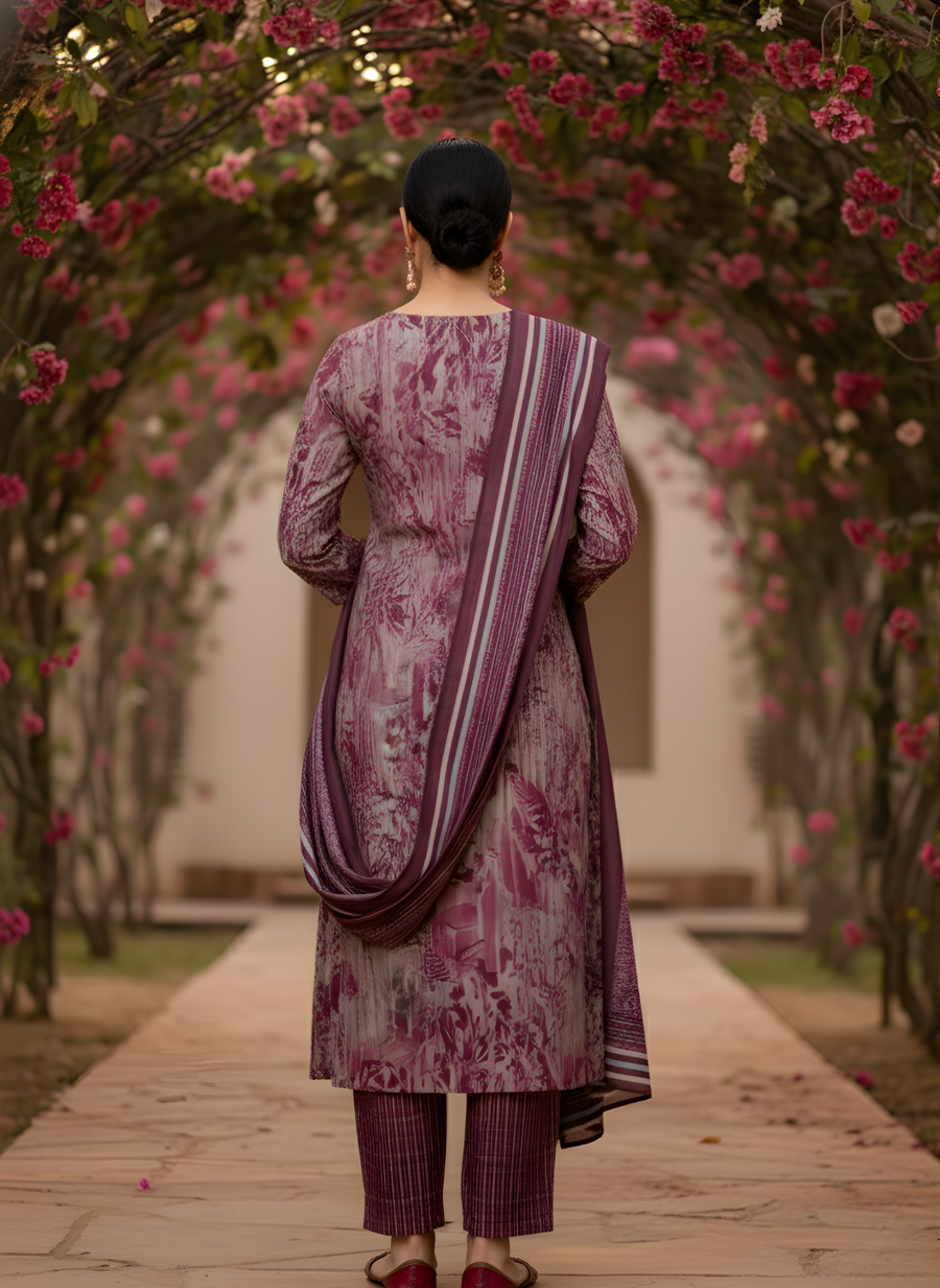 Wine & Mauve Pure Cotton Dupatta Set – Elegant Printed Kurta Set for Women by Aaronee