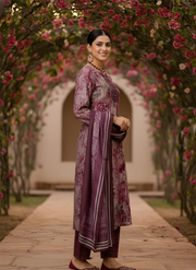 Wine & Mauve Pure Cotton Dupatta Set – Elegant Printed Kurta Set for Women by Aaronee