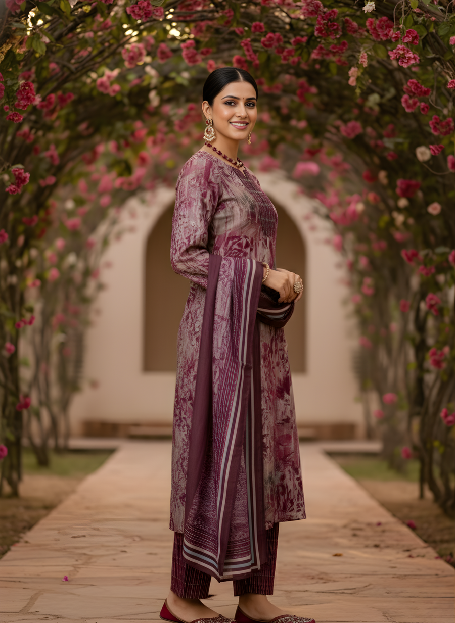 Wine & Mauve Pure Cotton Dupatta Set – Elegant Printed Kurta Set for Women by Aaronee