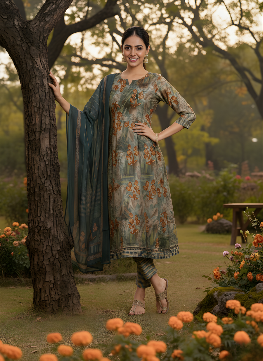 Verdant Elegance Anarkali Kurta Set for Women