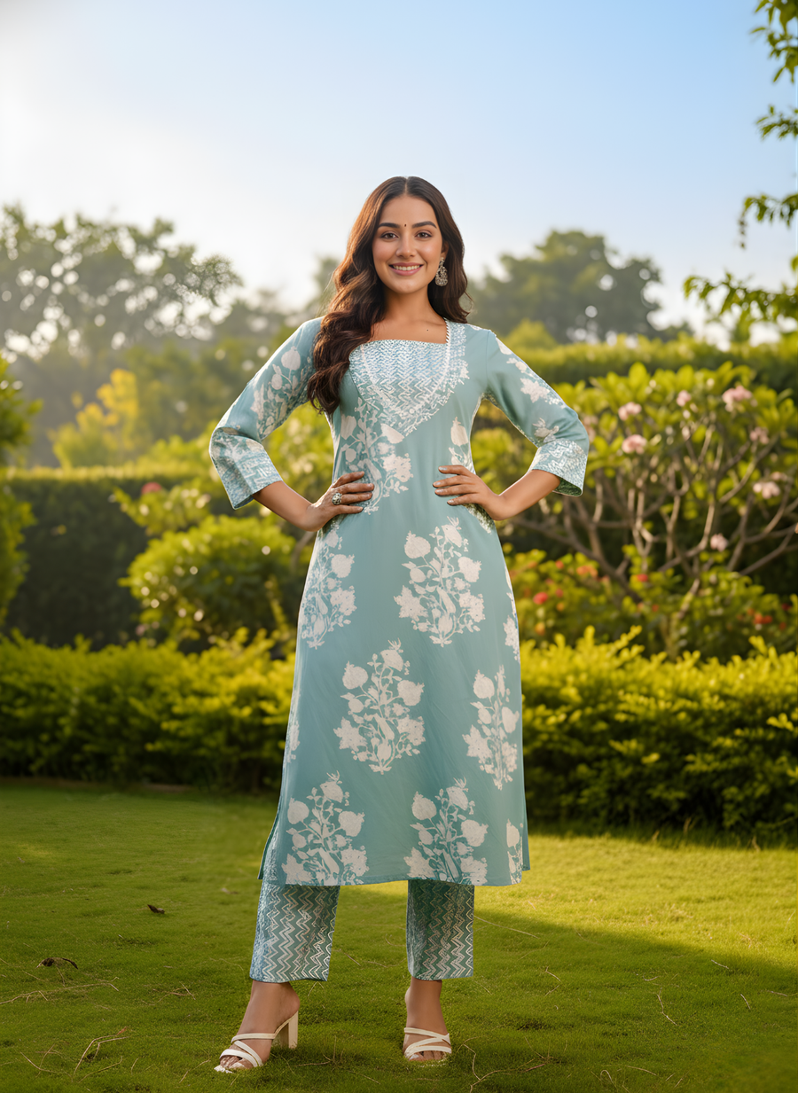 Sea Green Printed Cotton Kurta Pant Set for Women – Aaronee Pure Cotton Collection