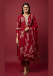Maroon Embroidered Pure Cotton Kurta DSet for Women – Aaroneeupatta
