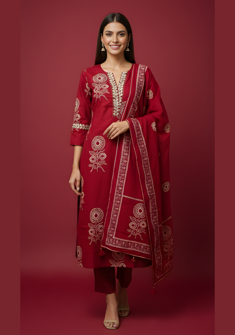 Maroon Embroidered Pure Cotton Kurta DSet for Women – Aaroneeupatta