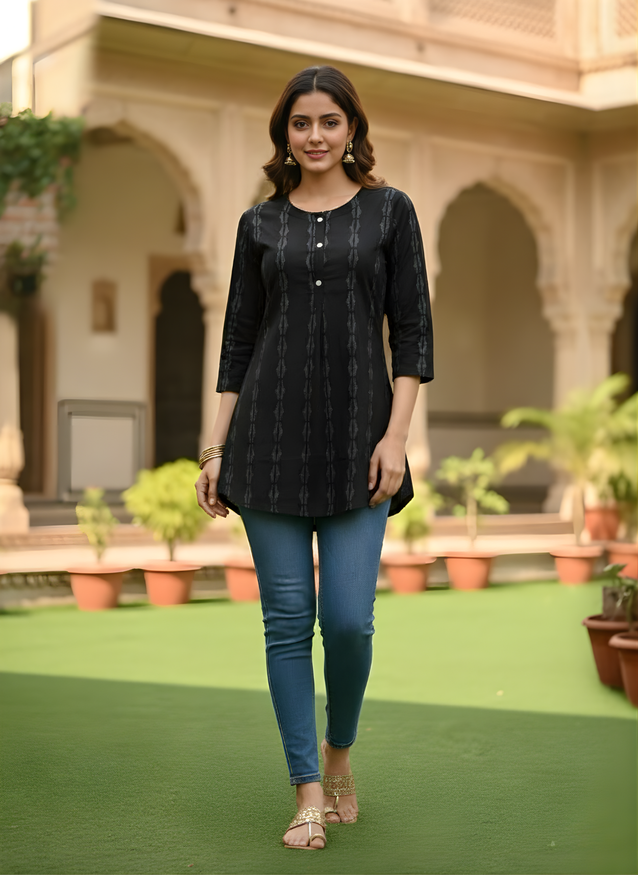 Pure cotton black ethnic printed top – Aaronee