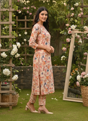 Orange Flower Print Kurta Set for Women