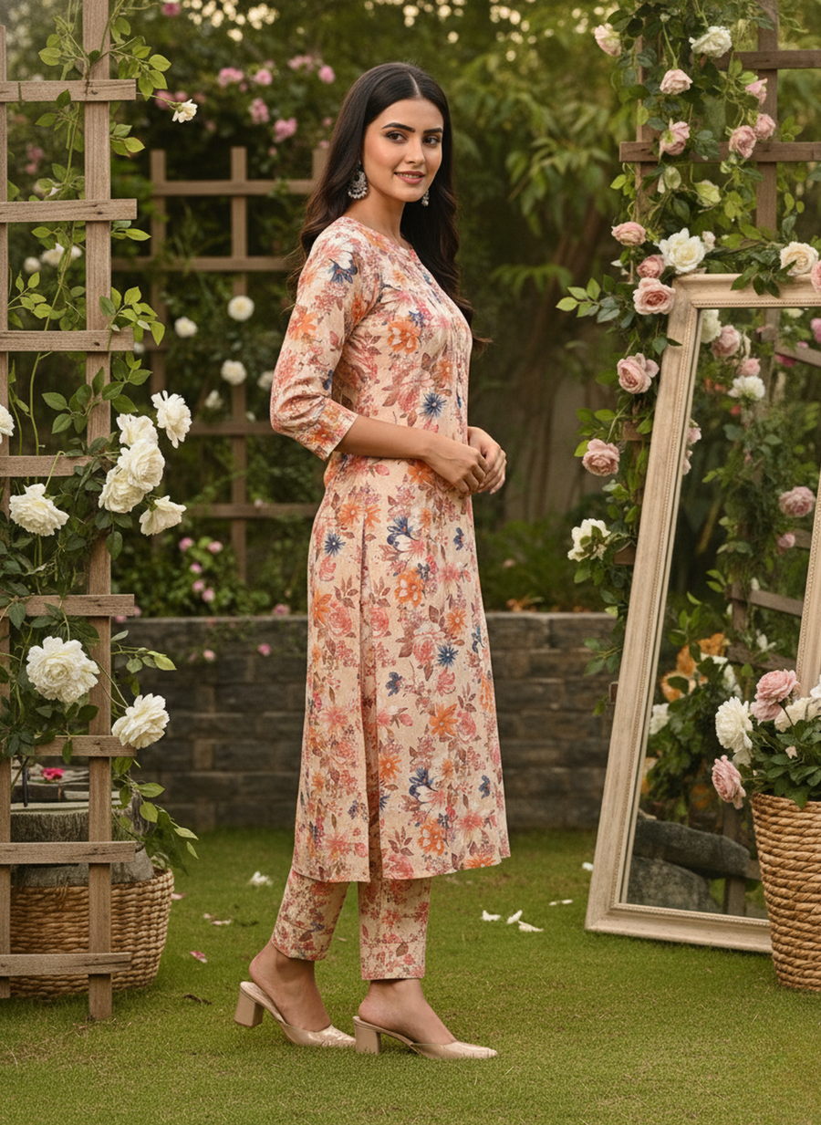 Orange Flower Print Kurta Set for Women