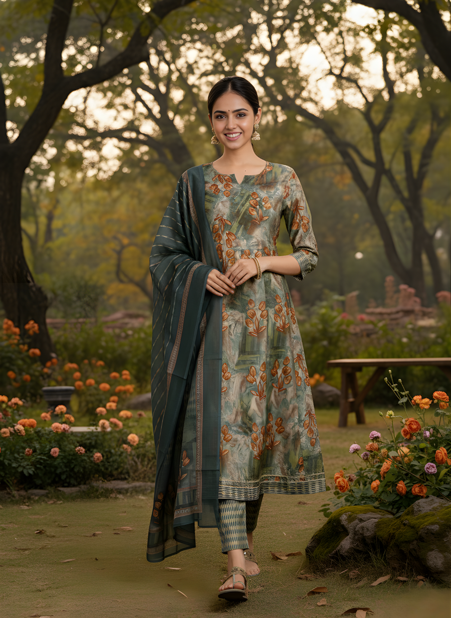 Verdant Elegance Anarkali Kurta Set for Women
