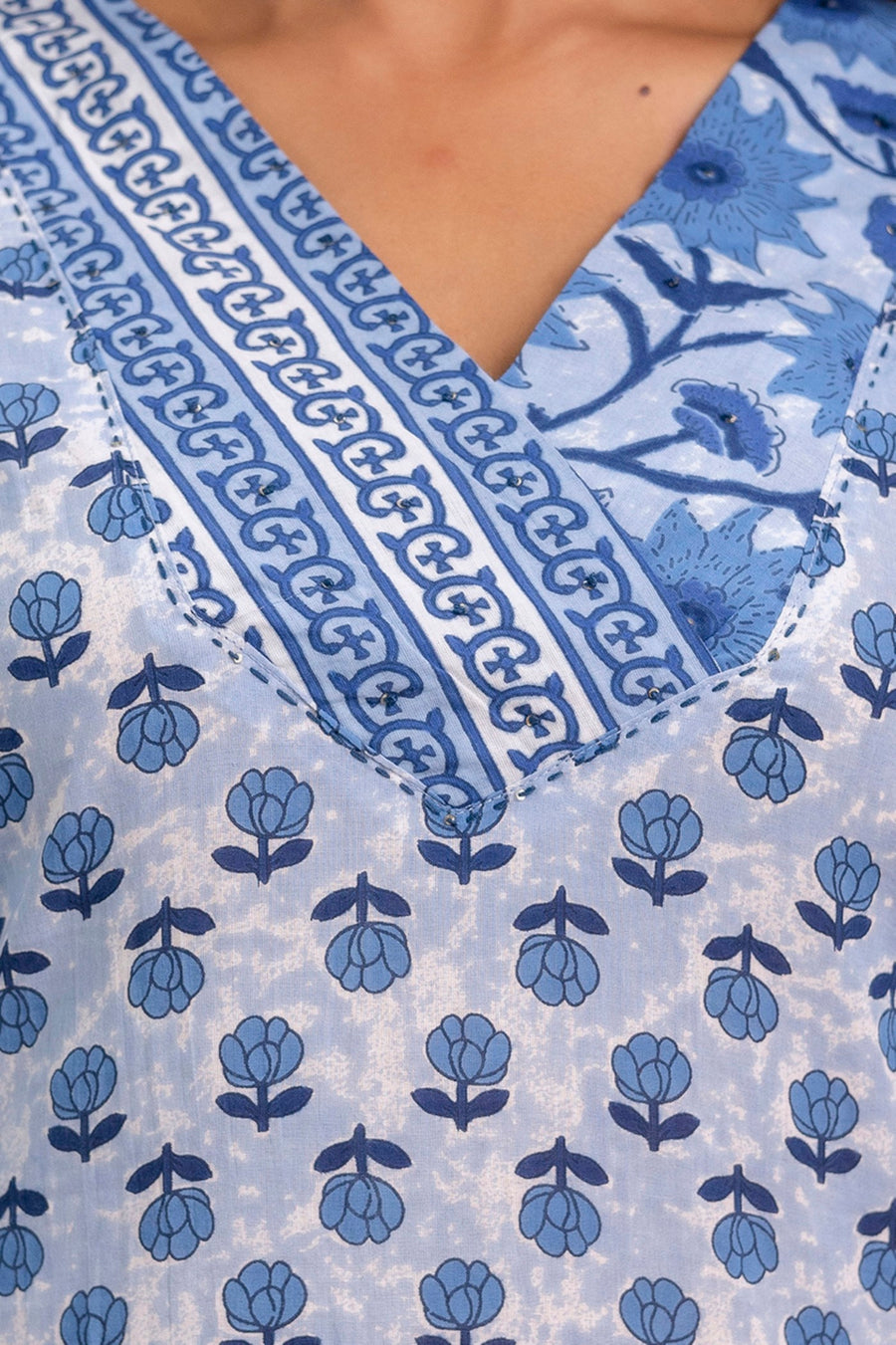 Aaronee Pure Cotton Blue Floral Print Dupatta Set – Elegant Ethnic Cotton Suit for Women