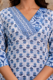 Aaronee Pure Cotton Blue Floral Print Dupatta Set – Elegant Ethnic Cotton Suit for Women