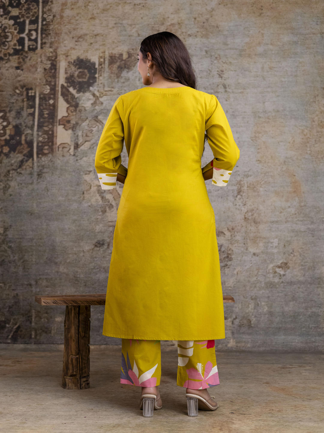 Mustard Premium Cotton Kurta with Floral Printed Pants