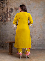 Mustard Premium Cotton Kurta with Floral Printed Pants