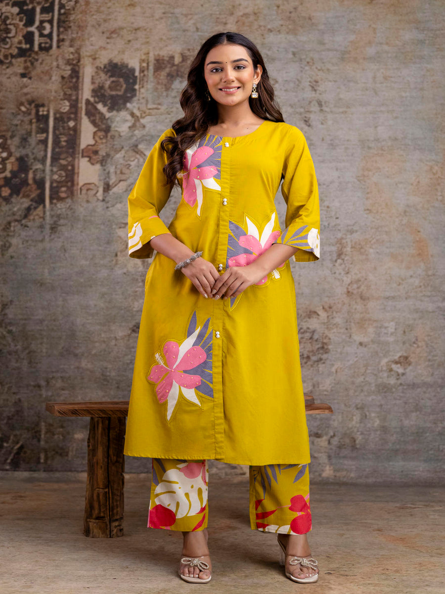 Women's Floral Cotton Kurta Set with Straight Pants