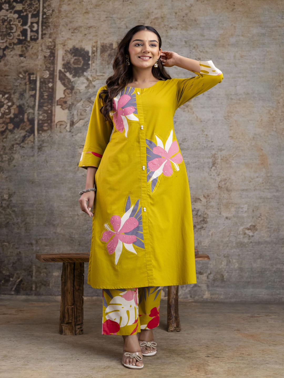 Aaronee Mustard Floral Premium Cotton Kurta Set for Women