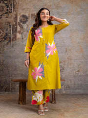 Aaronee Mustard Floral Premium Cotton Kurta Set for Women