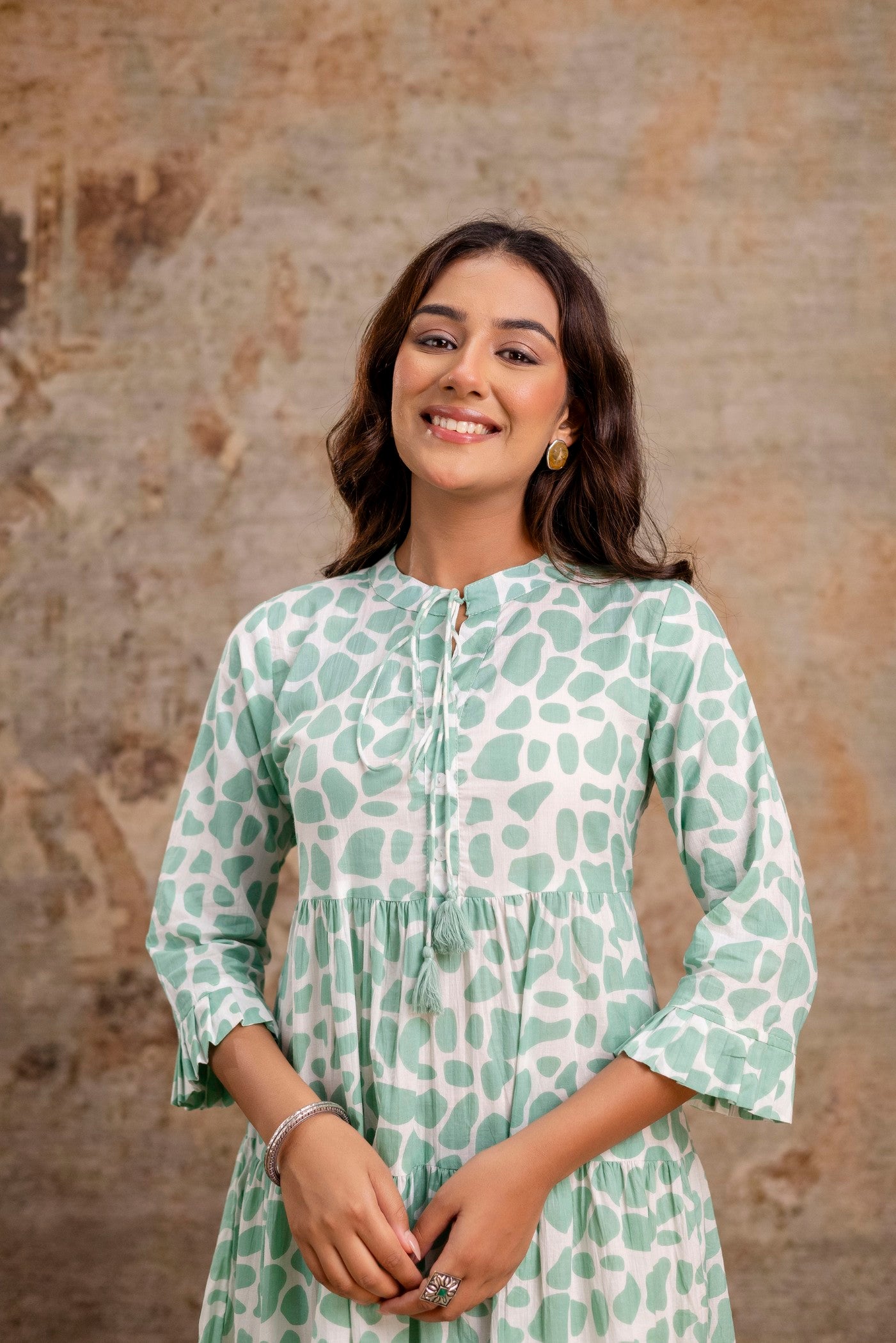 Aaronee Light Green Printed Tiered Pure Cotton Middy Dress for Women