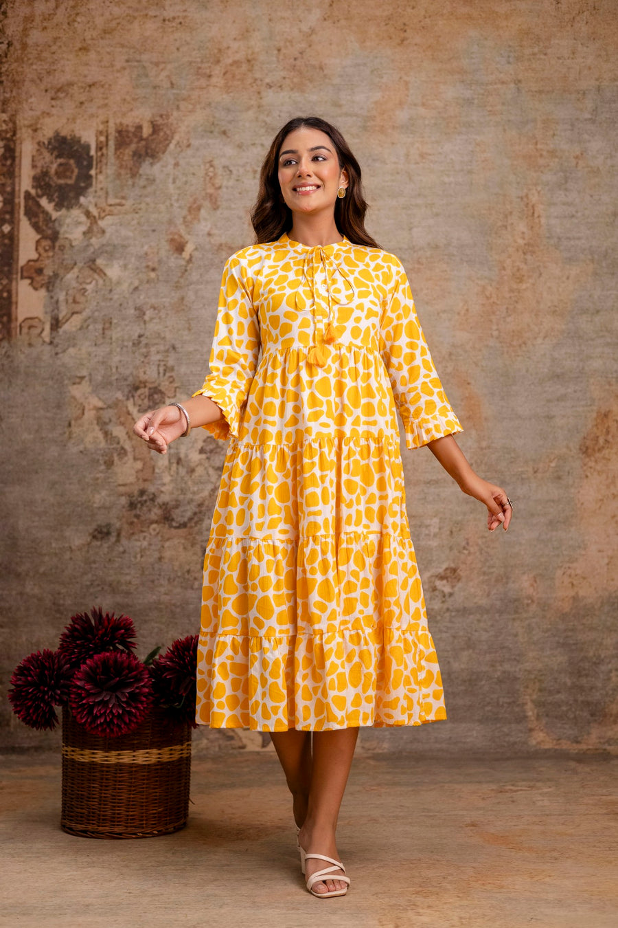 Aaronee Yellow Summer Print Pure Cotton Middy Dress – Stylish & Breezy