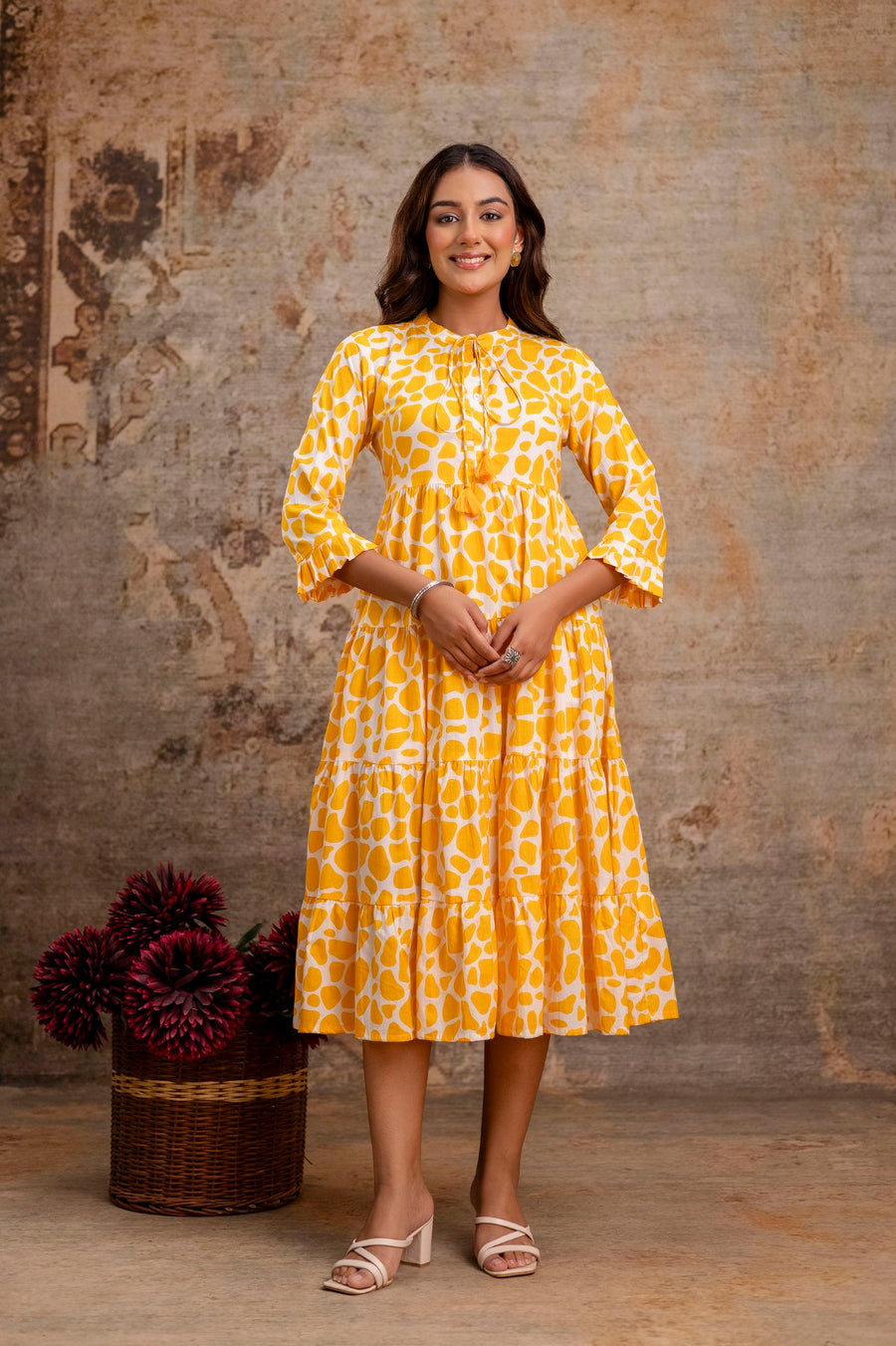 Aaronee Yellow Summer Print Pure Cotton Middy Dress – Stylish & Breezy