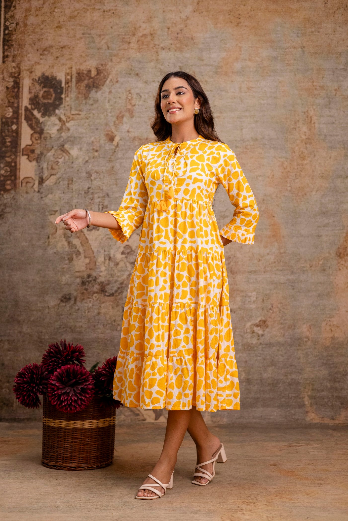 Aaronee Yellow Summer Print Pure Cotton Middy Dress – Stylish & Breezy