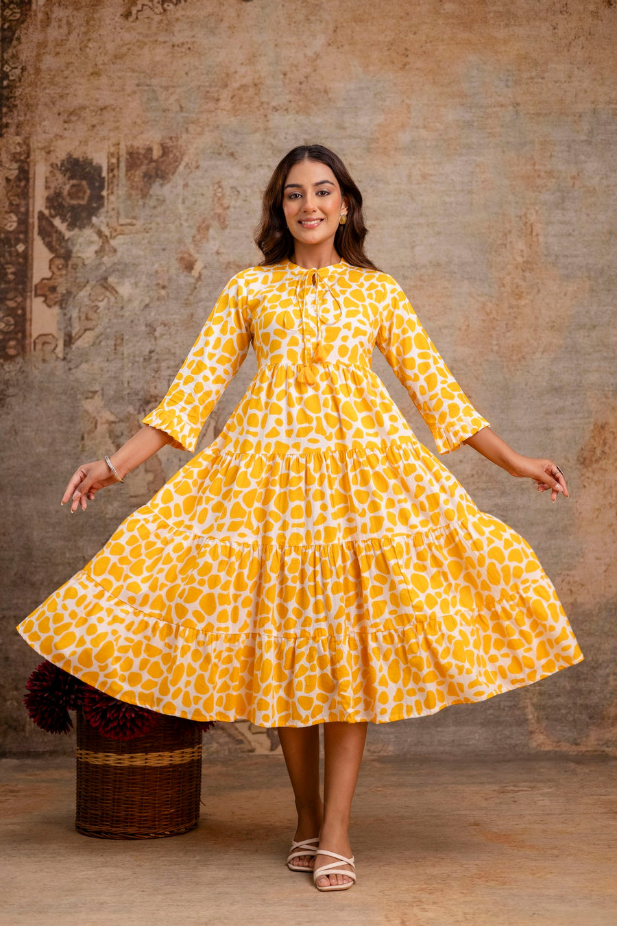 Aaronee Yellow Summer Print Pure Cotton Middy Dress – Stylish & Breezy