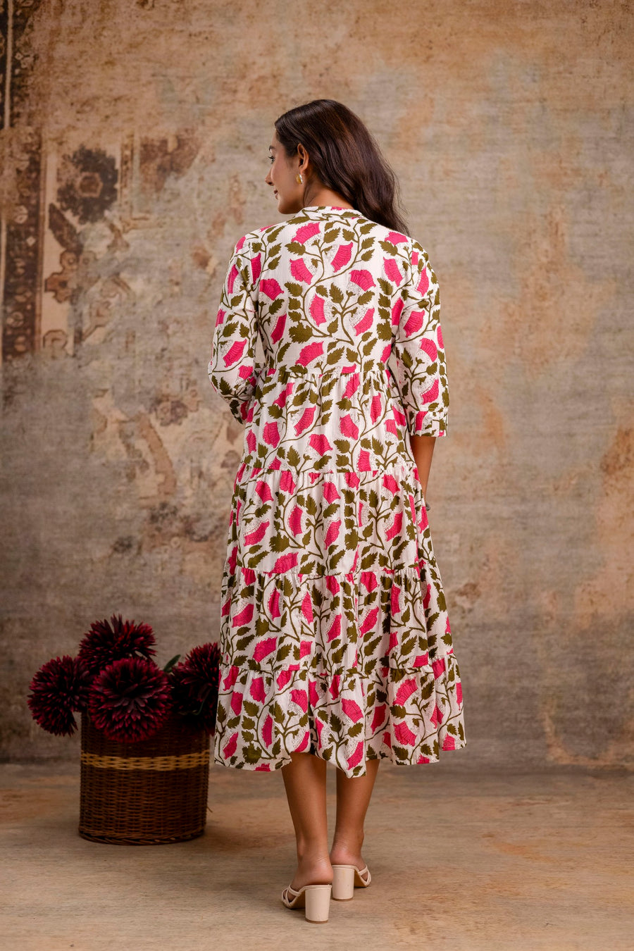 Aaronee Pure Cotton Middy Dress with Pink Leaf Print – Flared Casual Look