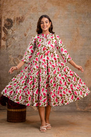 Aaronee Pure Cotton Middy Dress with Pink Leaf Print – Flared Casual Look