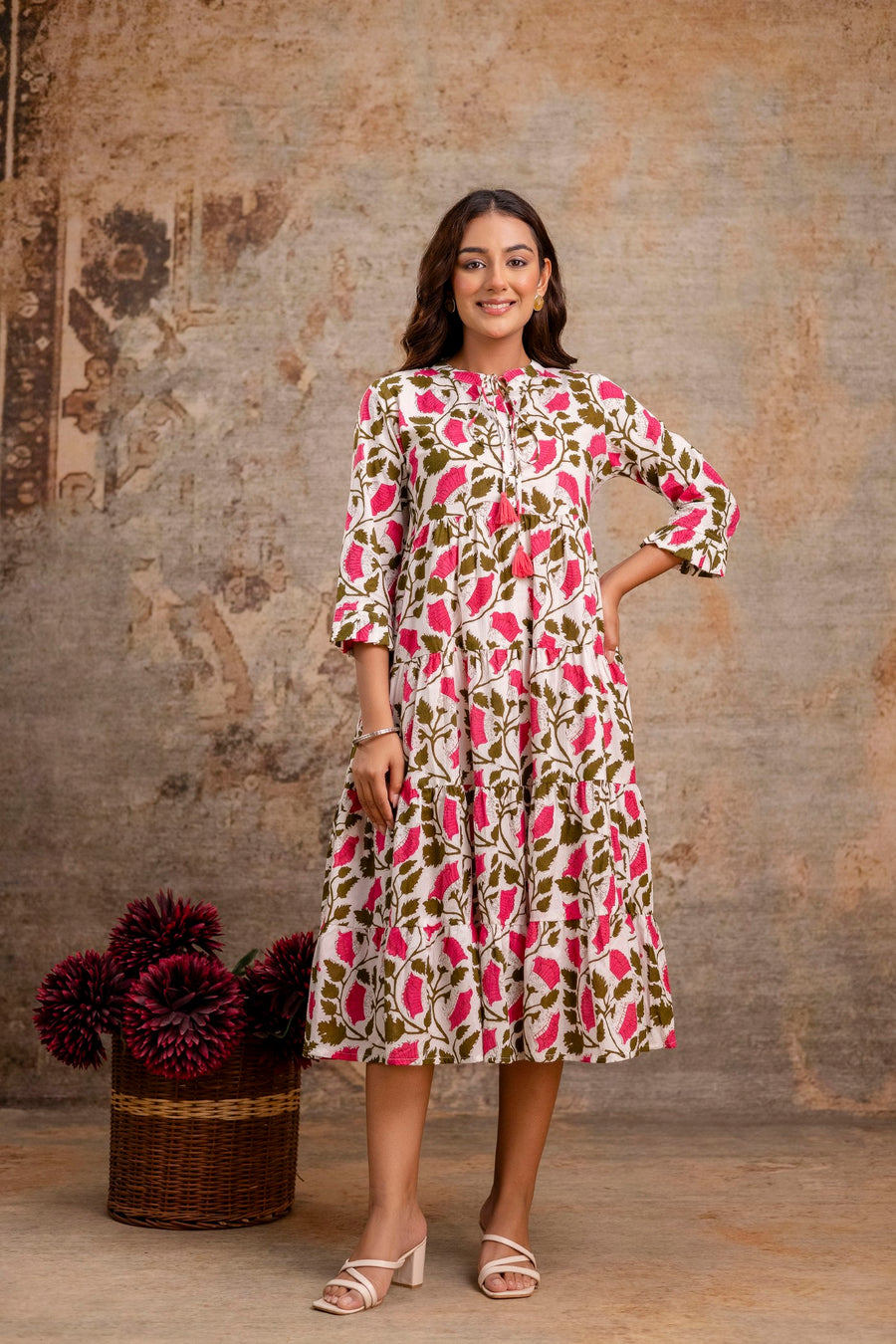 Aaronee Pure Cotton Middy Dress with Pink Leaf Print – Flared Casual Look