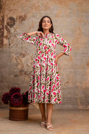 Aaronee Pure Cotton Middy Dress with Pink Leaf Print – Flared Casual Look