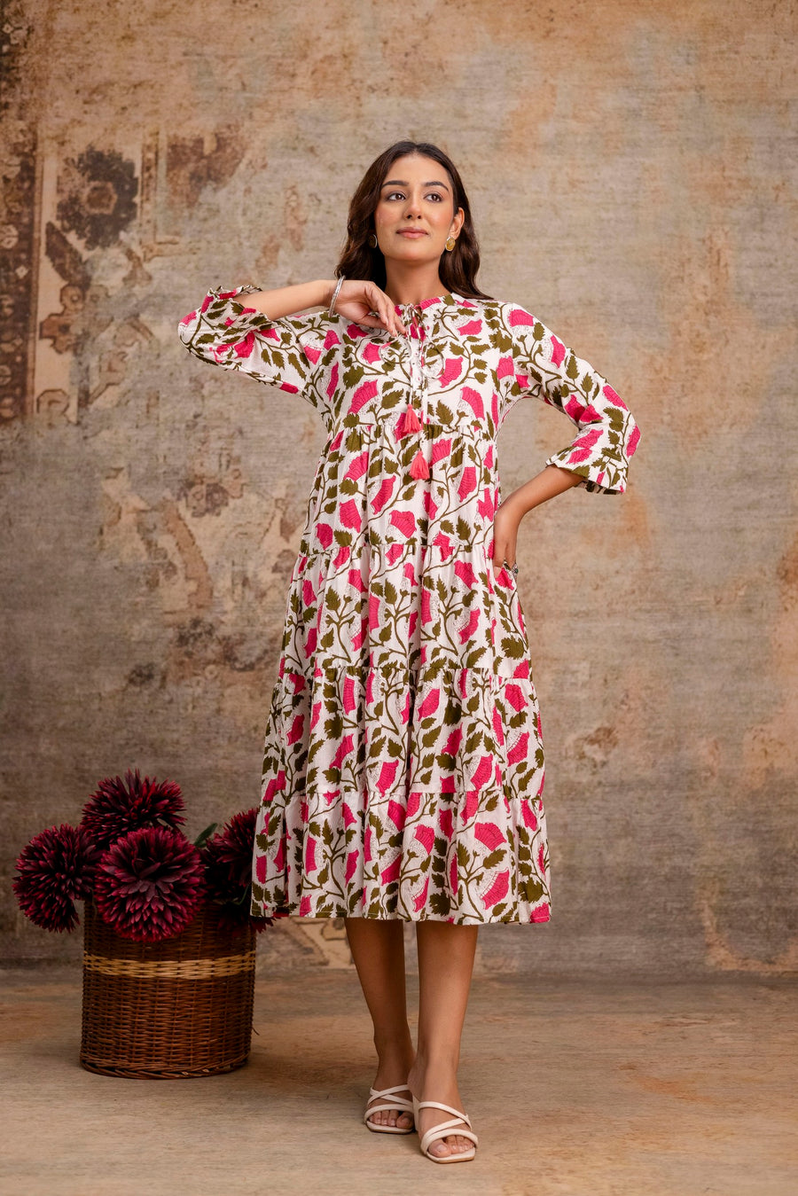 Aaronee Pure Cotton Middy Dress with Pink Leaf Print – Flared Casual Look