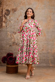 Aaronee Pure Cotton Middy Dress with Pink Leaf Print – Flared Casual Look