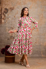 Aaronee Pure Cotton Middy Dress with Pink Leaf Print – Flared Casual Look
